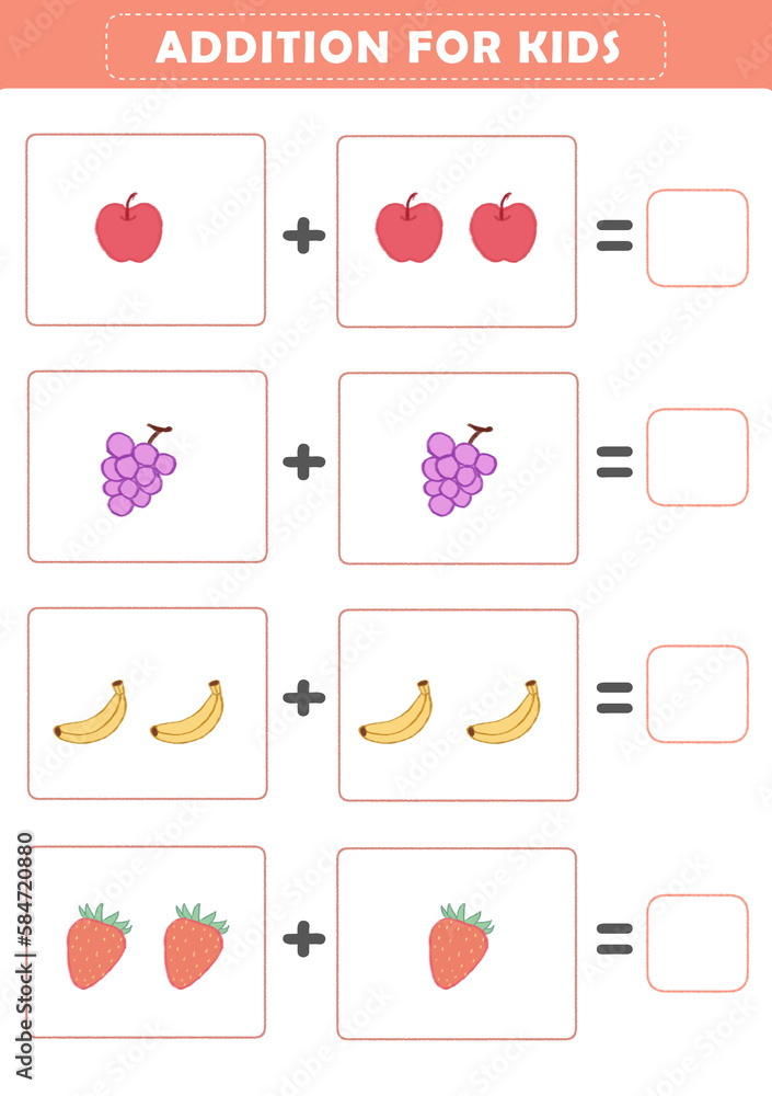 Counting educational children game. Math kids activity sheet. Addition game with cute fruits.
