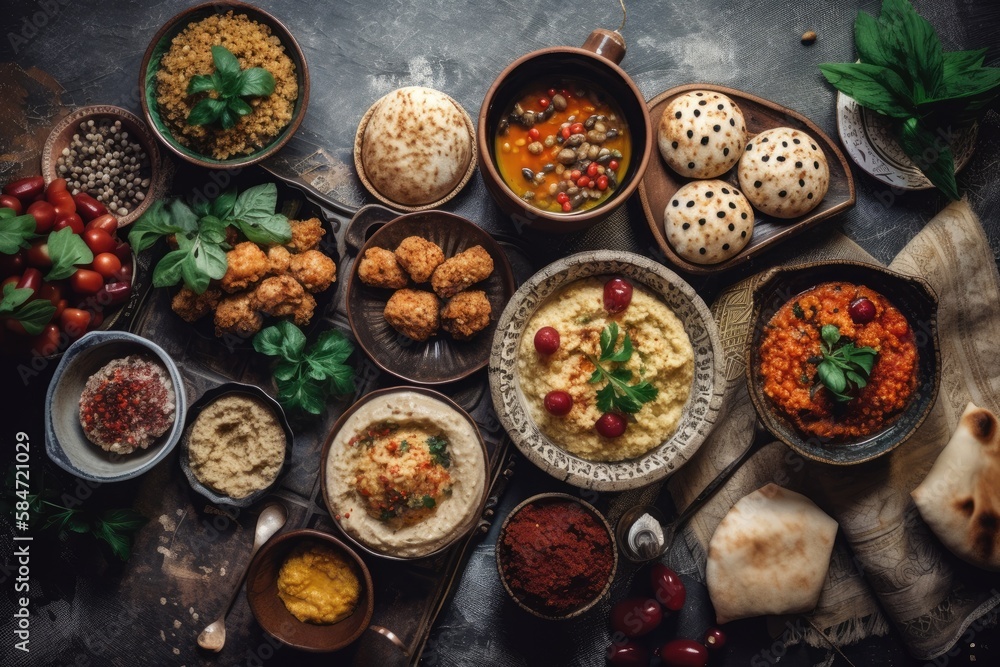 Arab or Middle Eastern cuisine with a variety of meze on a rustic concrete background. sambusak, rice, tahini, kibbeh, falafel, baba ghanoush, hummus, and pita. Halal cuisine For text only. a top view Arab or Middle Eastern cuisine with a variety of meze on a rustic concrete background. sambusak, rice, tahini, kibbeh, falafel, baba ghanoush, hummus, and pita. Halal cuisine For text only. a top view