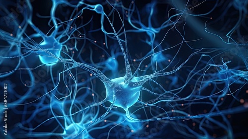 Neurons, Active nerve cells, Conceptual illustration of neuronal cells with bright connecting nodes in the abstract dark space, illustration in high resolution, 3D rendering