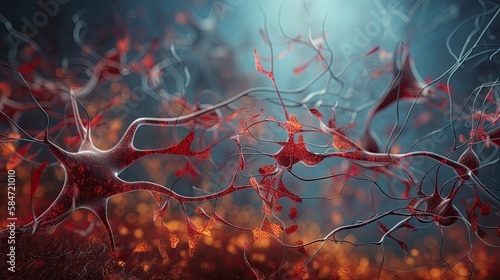 Neurons, Active nerve cells, Conceptual illustration of neuronal cells with bright connecting nodes in the abstract dark space, illustration in high resolution, 3D rendering