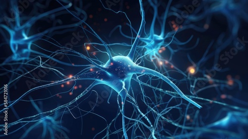 Neurons, Active nerve cells, Conceptual illustration of neuronal cells with bright connecting nodes in the abstract dark space, illustration in high resolution, 3D rendering
