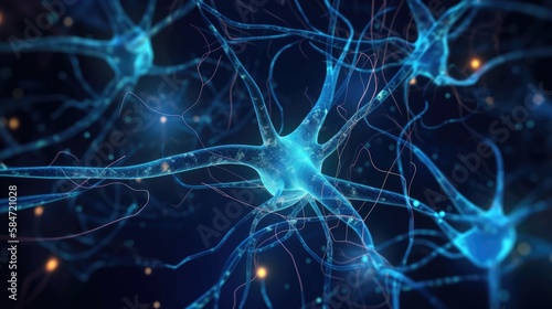 Neurons, Active nerve cells, Conceptual illustration of neuronal cells with bright connecting nodes in the abstract dark space, illustration in high resolution, 3D rendering