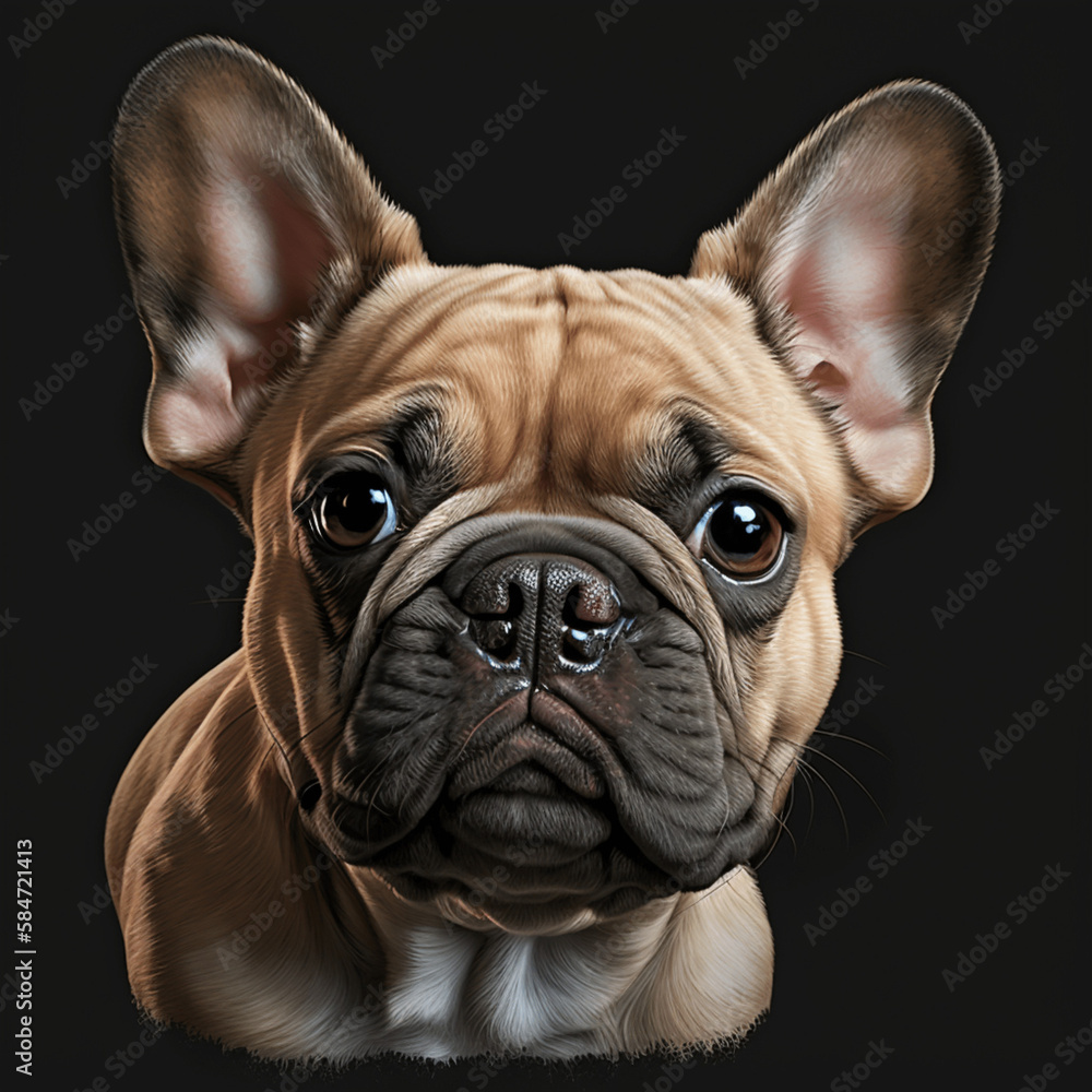 A French bulldog close up portrait on black background