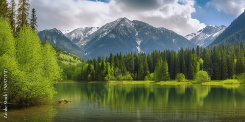 Spring forest lake and Mountain View
