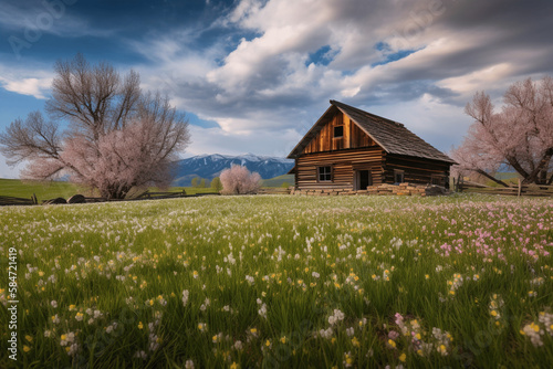 Spring flowers, daisies on a field field meadow, Barn House