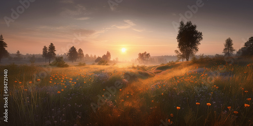 Spring flowers, daisies on a field field meadow, sunrise or sunset view