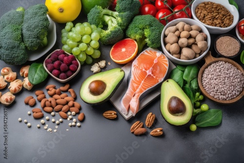 Healthy food clean eating selection fish, fruit, vegetable, cereal, leaf vegetable on background. Generative AI