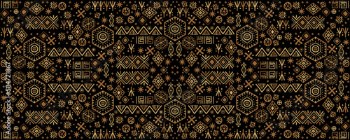 Geometric ethnic backdrop. Bright orange and black art decoration illustration. Vector tribal cover background, decorative african seamless,