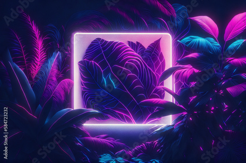 Fluorescent tropical palm leaves with neon glowing frame. Colorful futuristic abstract art, background, album cover, website header, banner. Generative AI.