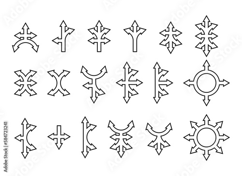 Vector set of arrows in different directions, thin line, empty outline isolated on a white background, flat design..