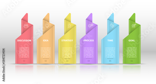 Business infographics. 6 stages of achieving the goal. Stages of the workflow, development, marketing, plan or training. Business strategy with icon icons. Report or statistics schema