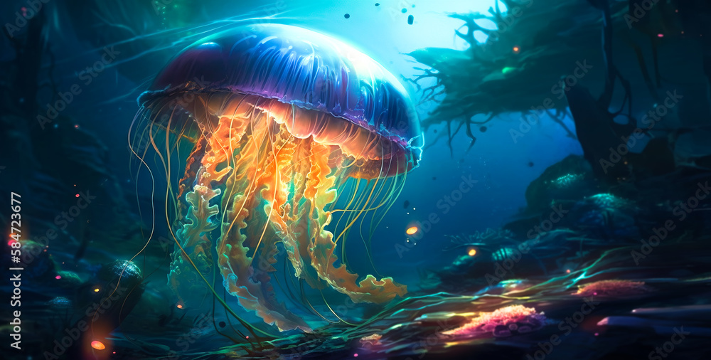 Obraz premium AI Generated, Colorful Underwater Fantasy Vibrant Jellyfish Swimming in a Surreal Ocean World.