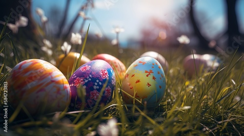 Colorful Easter eggs on young grass - Generative AI