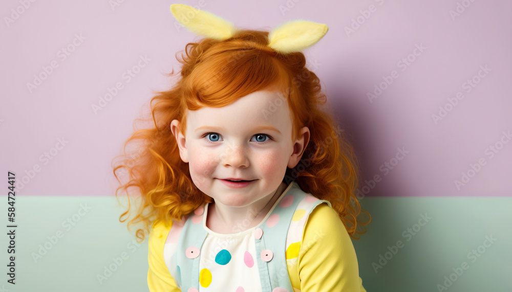Cute baby girl in bunny ears on a colored background easter illustration. Generative AI.