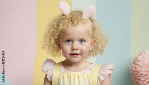 Cute baby girl in bunny ears on a colored background easter illustration. Generative AI.