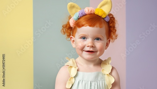 Cute baby girl in bunny ears on a colored background easter illustration. Generative AI.