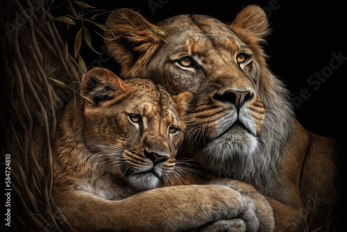portrait of a lion with its cub with black background