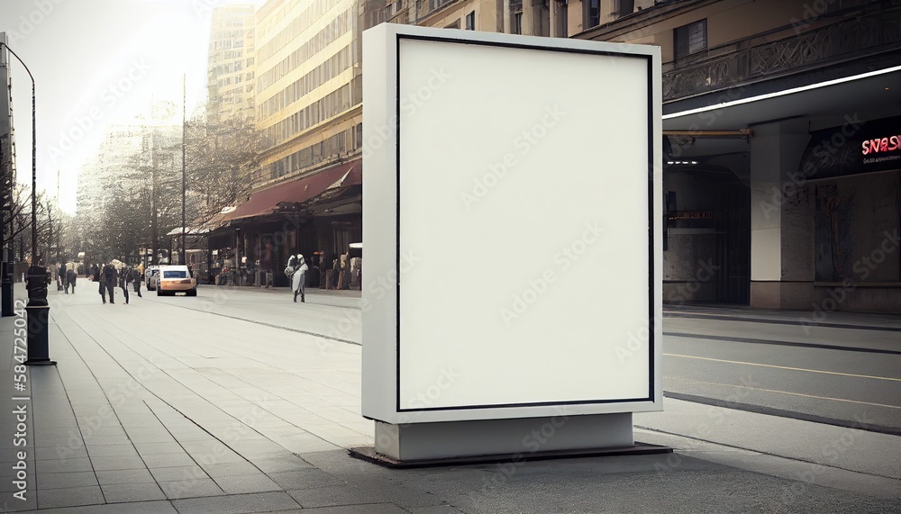 Blank white advertising display billboard situated in a cityscape. For projects related to advertising, marketing, or urban environments. The billboard space for advertisements or designs. Blank white advertising display billboard situated in a cityscape. For projects related to advertising, marketing, or urban environments. The billboard space for advertisements or designs.