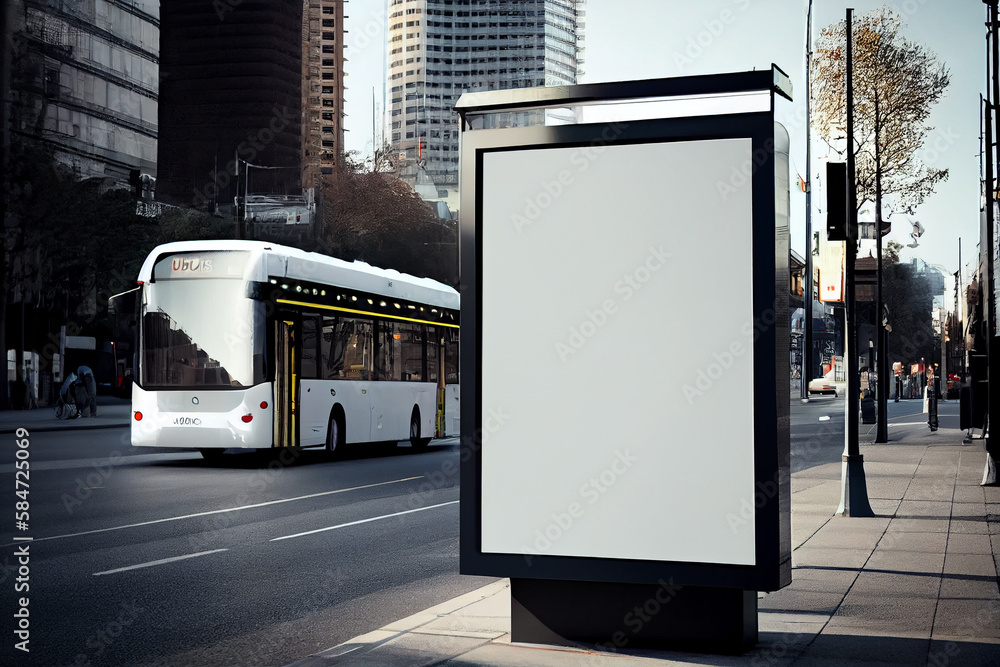 Blank street billboard poster stand mock up in downtown with city