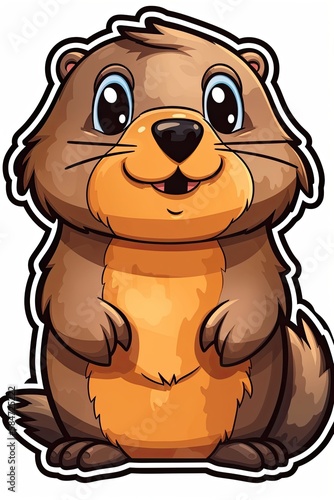 Cheerful Brown Groundhog Sticker  Fun Animal Cartoon Character on White Background. Generative AI