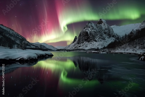 Majestic Aurora Borealis Brightening Up the Night Sky Over Scandinavia's Snowy Mountains, Generative AI