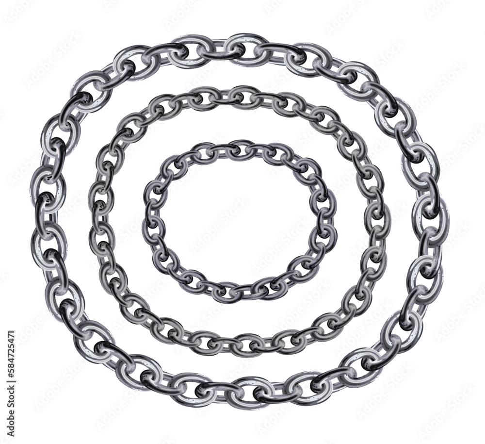 Metal chains creatively shape a circular frame in 3D rendering. Silver chain frame. Chrome metal. Metal chains creatively shape a circular frame in 3D rendering. Silver chain frame. Chrome metal.