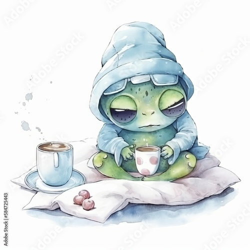 cute sleepy frog war night cap and pajama holding cup - Generative AI