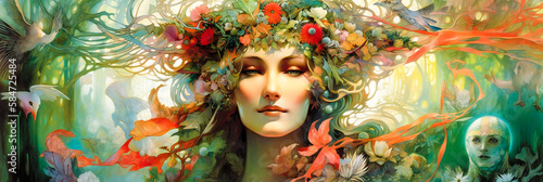 Woman head decorated with flowers, earthly colors. Illustration created with generative AI tools.