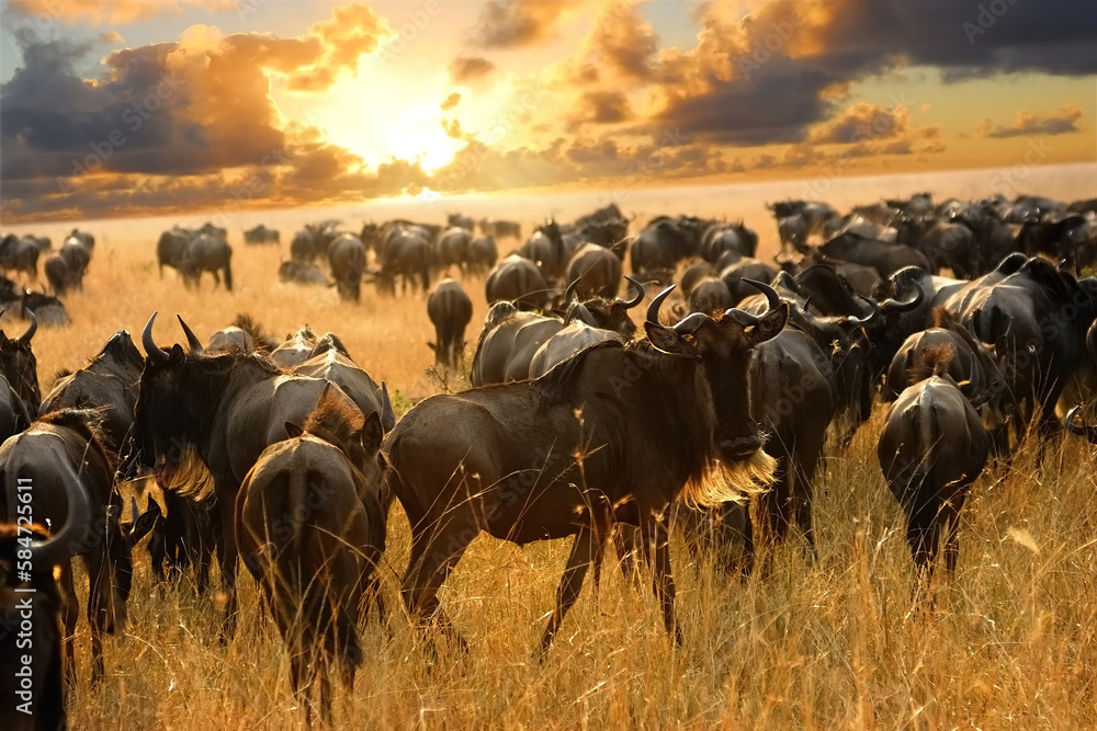 Wildebeest antelopes in the savannah - obrazy, fototapety, plakaty 