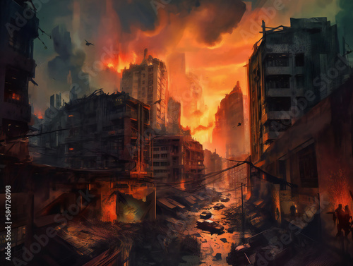 city in chaos, crumbling buildings, devastation scene, generative AI