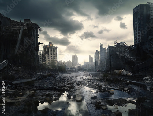 Valokuva city in chaos, crumbling buildings, devastation scene, generative AI