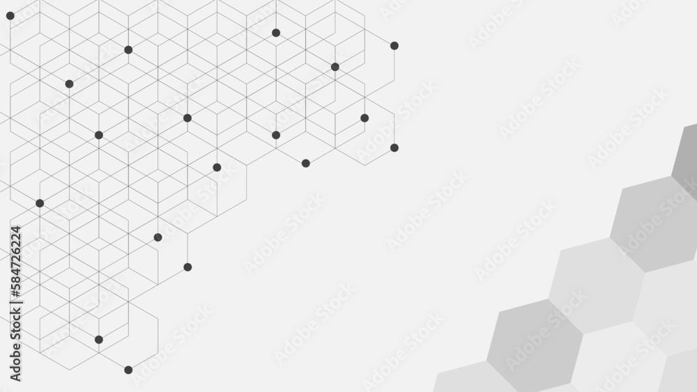 Geometric shapes and hexagonal with particle on gray background. White technology backdrop concept.