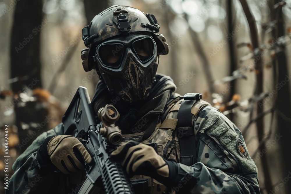 Masked and armed soldiers in ambush, soldier in full gear -created with Generative AI technology Masked and armed soldiers in ambush, soldier in full gear -created with Generative AI technology