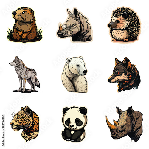 Animals Stickers Flat Icon Set Isolated On White Background