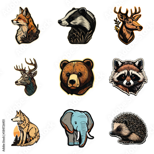 Animals Stickers Flat Icon Set Isolated On White Background