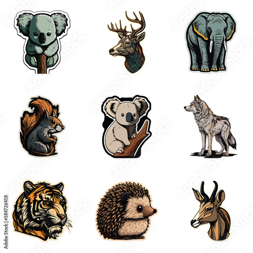 Animals Stickers Flat Icon Set Isolated On White Background