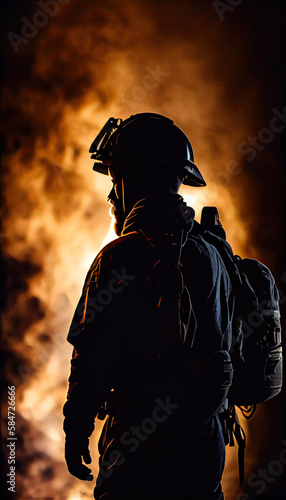 silhouette of firefighter primarily to extinguish hazardous fires with Generative AI Technology © LightoLife