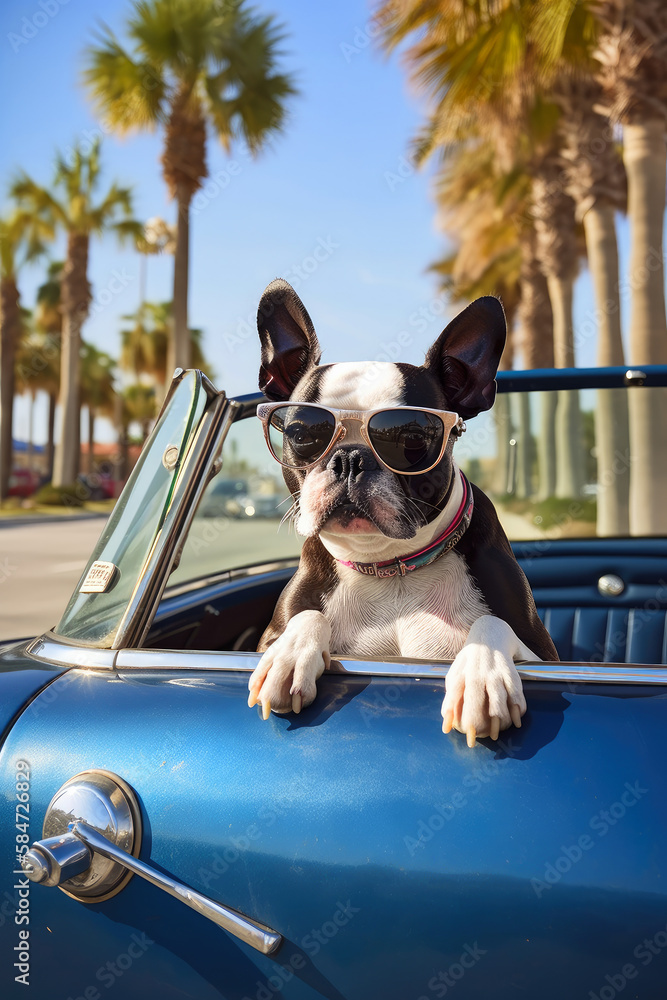 cool boston terrier with sunglasses on holiday in florida in vintage, retro car . ai generative