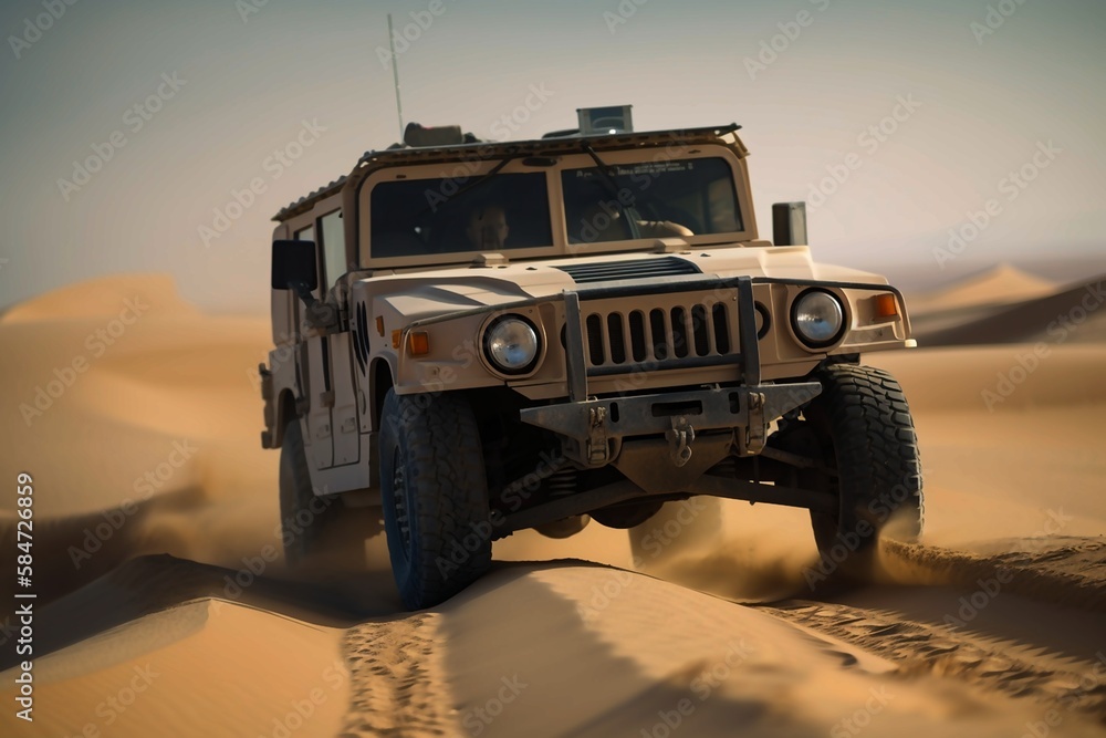 Army jeep, means of transport for soldiers, desert background created with Generative AI technology