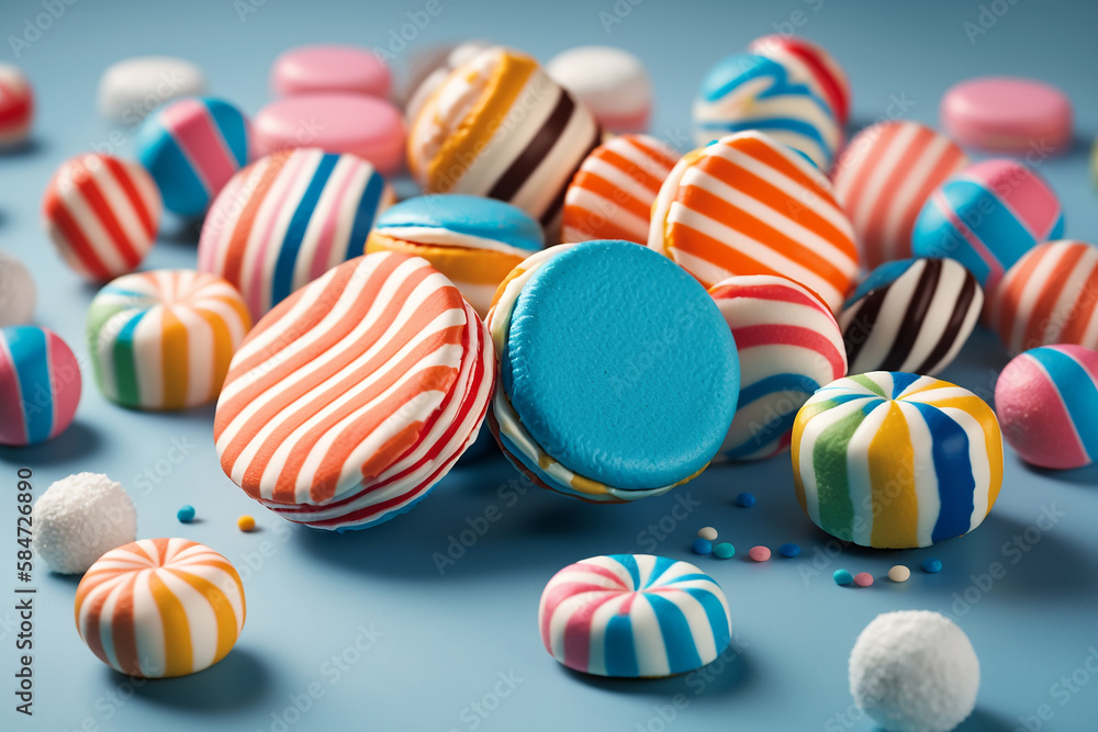 Vibrant and striped candies a white banner background and a double border are visible above with Generative AI technology Vibrant and striped candies a white banner background and a double border are visible above with Generative AI technology