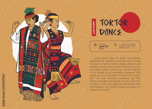 poster tortor dance famous traditional dance of indonesia culture sumatera regency hand drawn background