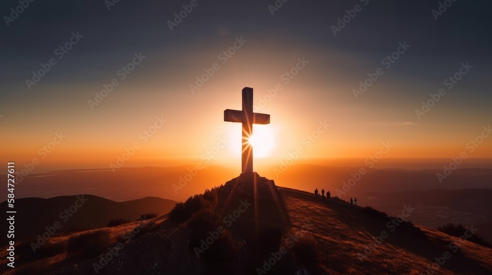 Christian cross on top of the hill with sun rays, crucifixion, religious concept. Generative AI.