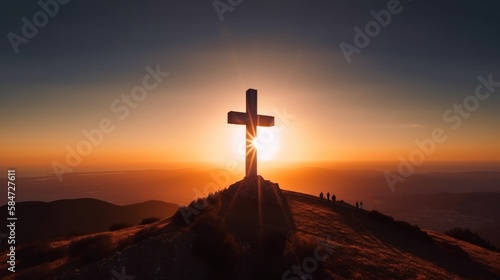 Christian cross on top of the hill with sun rays, crucifixion, religious concept. Generative AI.