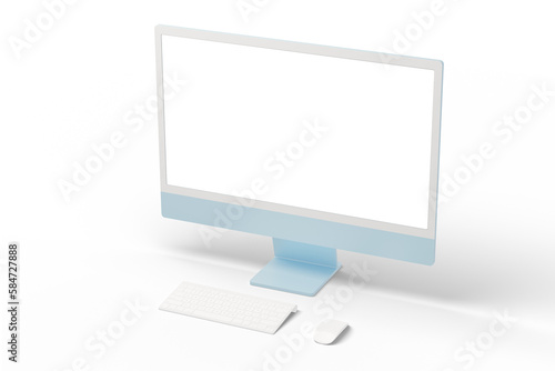 Modern transparent blue display with isolated screen for web page presentation. Keyboard and mouse beside