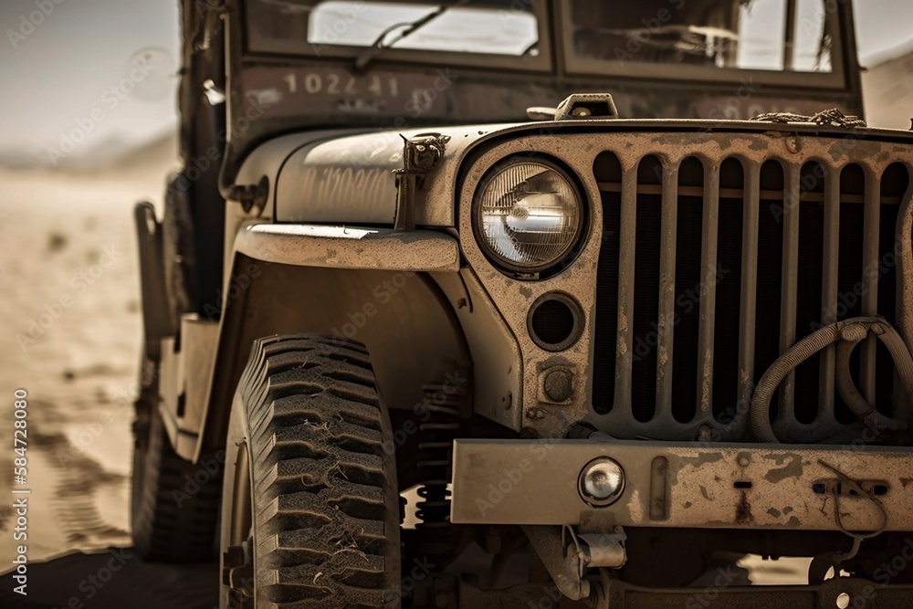 Army jeep, means of transport for soldiers, desert background created with Generative AI technology