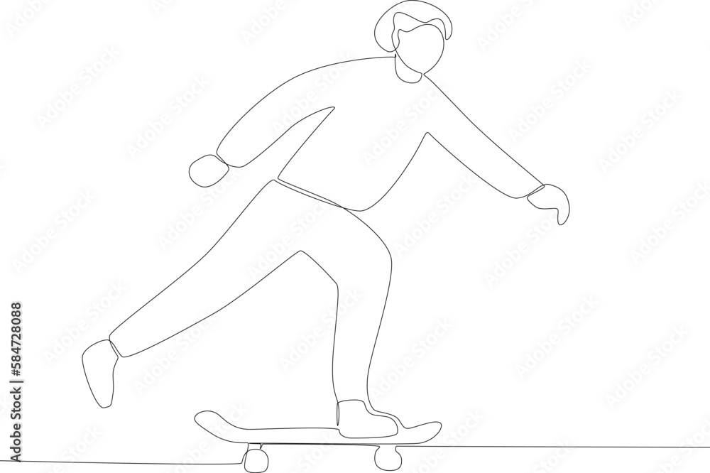 A woman skateboarding on one leg. Skateboarding one-line drawing