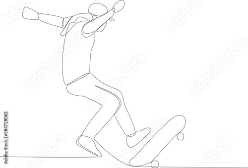 A man jumping on a skateboard. Skateboarding one-line drawing