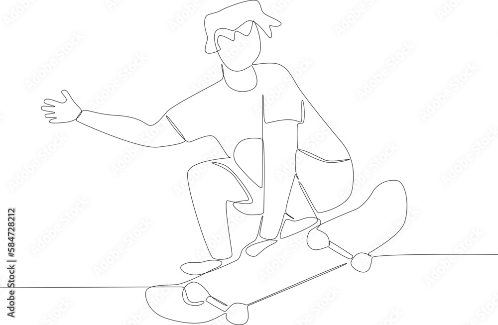 A man sitting on a skateboard. Skateboarding one-line drawing A man sitting on a skateboard. Skateboarding one-line drawing