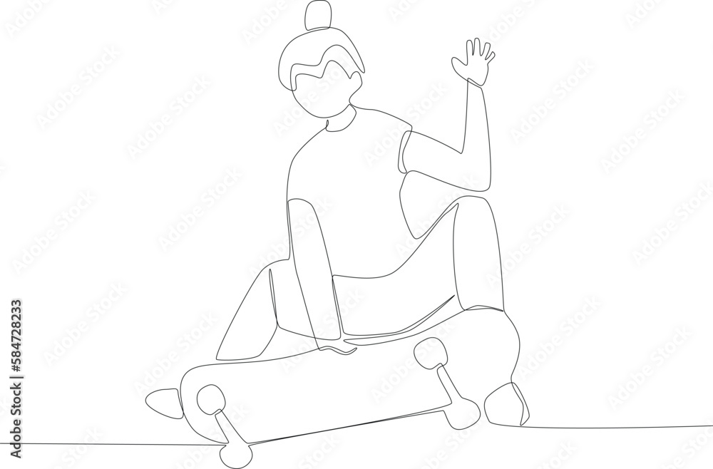 Sitting woman holding skateboard. Skateboarding one-line drawing