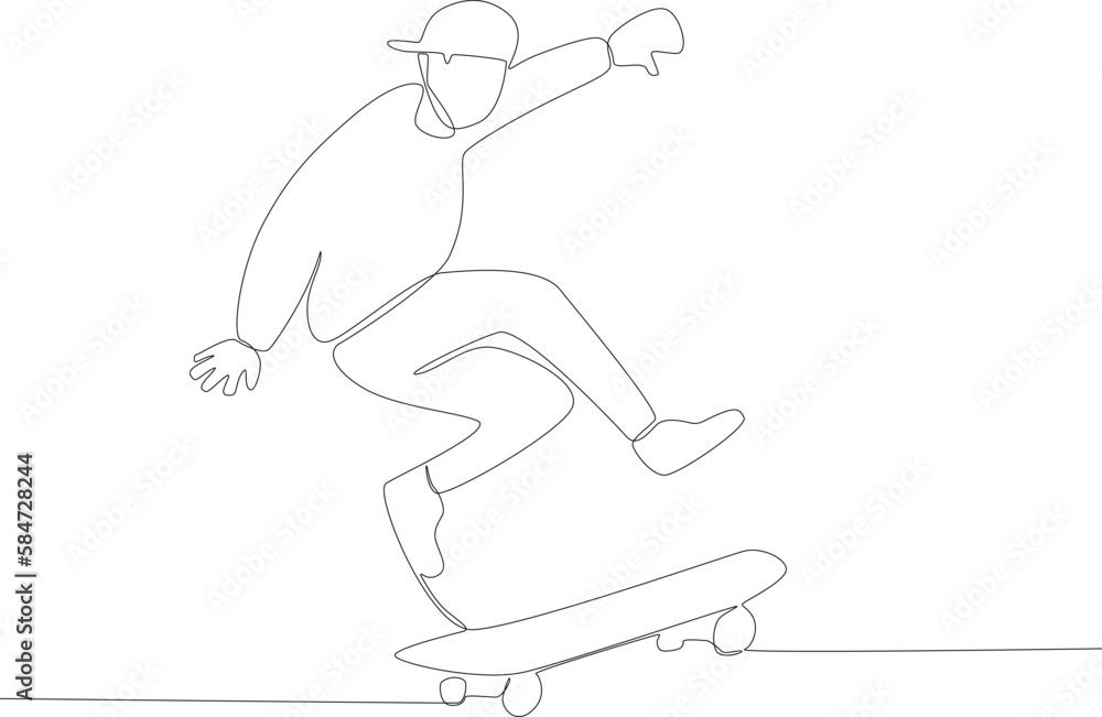 A boy skateboard with a jumping style. Skateboarding one-line drawing